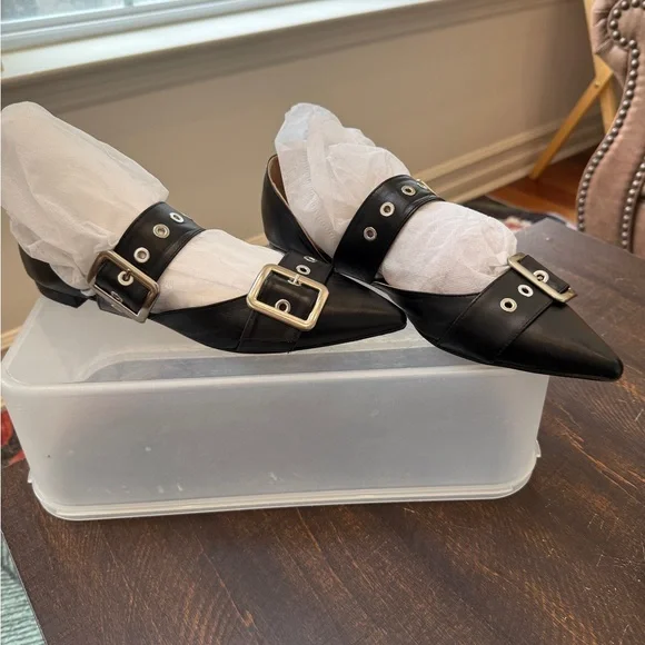 Vero Cuoio Black Leather Pointed Flats with Silver Buckles Made in Italy 9.5 - Picture 10 of 12